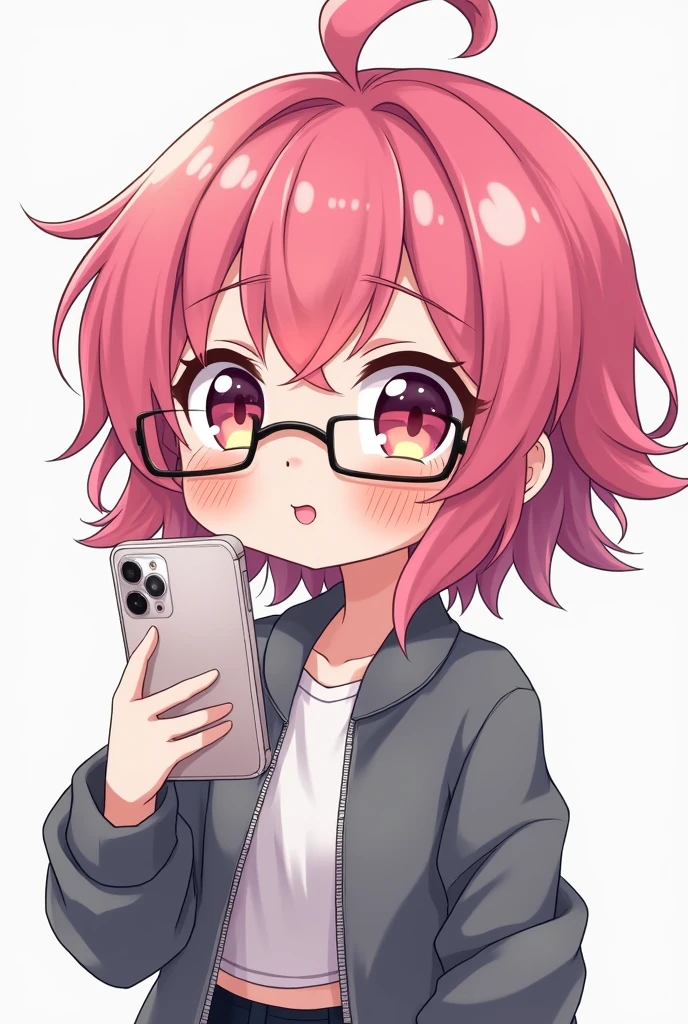 anime girl with pink hair and glasses in a gray jacket, chibi anime girl, in an anime style, chibi girl, an anime girl, unknown artstyle, sketchy artstyle, anime style character, anime moe artstyle, chibi style, anime styled, in anime style, anime chibi, nyaruko-san, cute anime style, emo anime girl, silver hair girl,she use iphone.