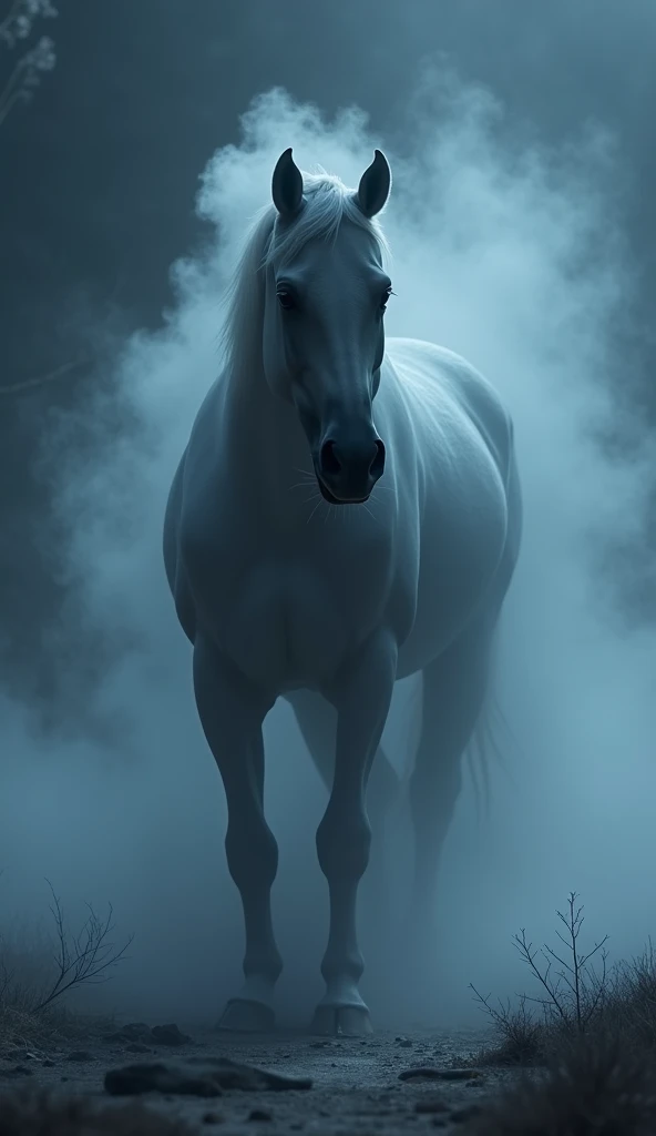 A shadowy horse with mist swirling around its hooves, its breath visible in the cold night air.