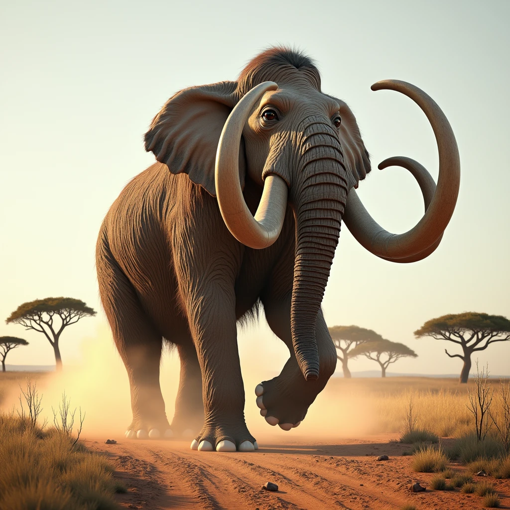 Powerful mammoth standing triumphantly on a dusty African savanna, with mouth open