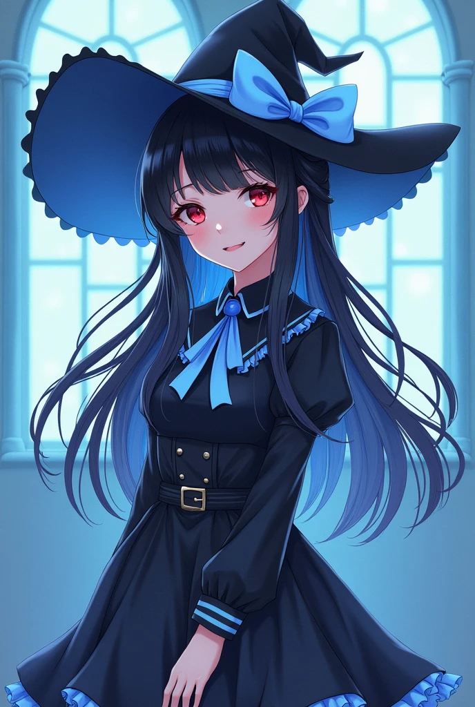 (Pastel themed artwork),(Highest quality),(Masterpiece),(1 woman),(alone),A neatly drawn face,A young woman with a beautiful face,Beautifully detailed red eyes,Beautiful and detailed black witch hat with blue ribbon embellishment.,Beautiful black Lolita witch fashion with ruffles,((Black and blue outfit)),(Beautiful, flowing black hair:1.3),Pale skin,Beautiful artistic illustrations,blue theme,beautiful smile,Front face,cowboy shoot,smooth color,Soft gradient,Standing in front of a pastel blue glass wall