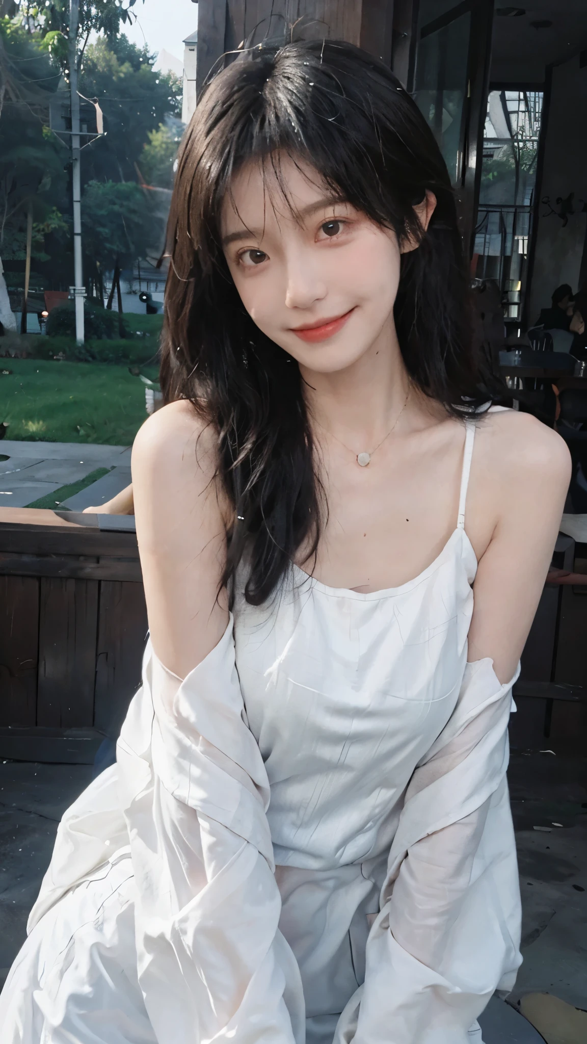 best qualtiy， Ultra-high resolution， （realisticlying：1.4），cute hairpin，Baoyu Girl，European style apartment，（flatchest：1.2） ，A pair of clear and moving peach blossom eyes,Royal Sister，sunshine on face，Big waves，（ln the forest：1.4），（choker necklace：1.2），（Fair skin：1.4），a sense of atmosphere，a beauty girl， ssmile，head straight-looking at viewer， closeup cleavage ，(Photorealistic:1.4),1girll,sexly,(Upper body:1.4),(Wet body),(:1.2)