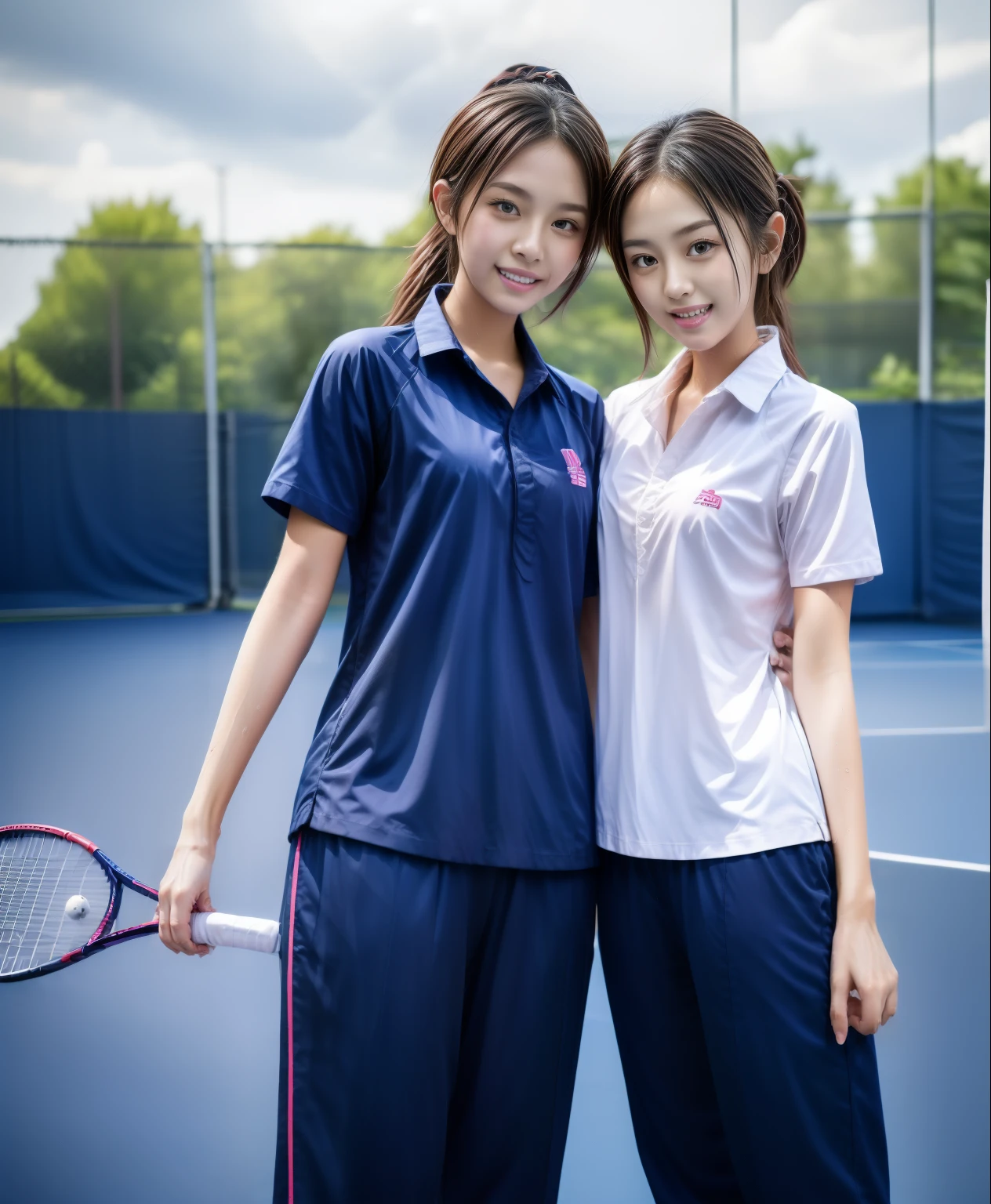 3 girls play tennis at tennis courts, Navy blue short-sleeved shirt,Navy Long Trackpant,Sweatpants, Sweatpantsขายาว,2 girl, lesbian, sexy, exercise clothes, wet body, exercise clothes