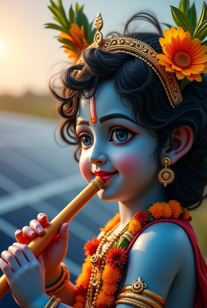 Happy Janmashtami Photos face frontwith Lord Krishna, playing flute background solar panels