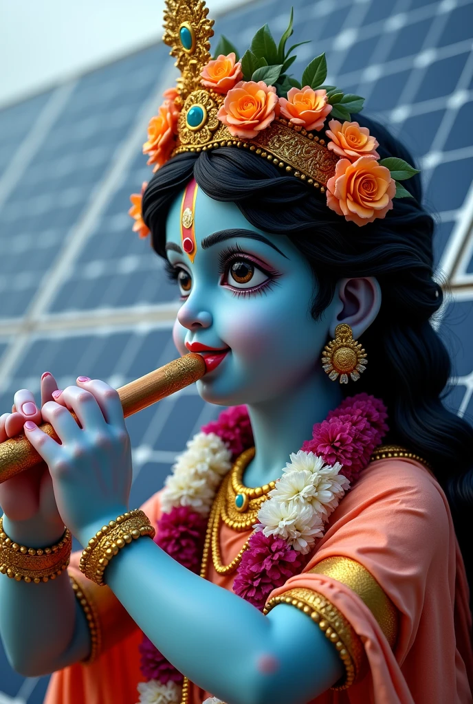 Happy Janmashtami Photos face frontwith Lord Krishna, playing flute background solar panels