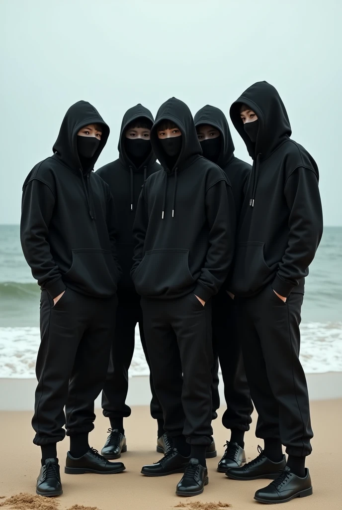 5 white skin men with full black hip hop clothes and thief masks. Scenario: Beach.