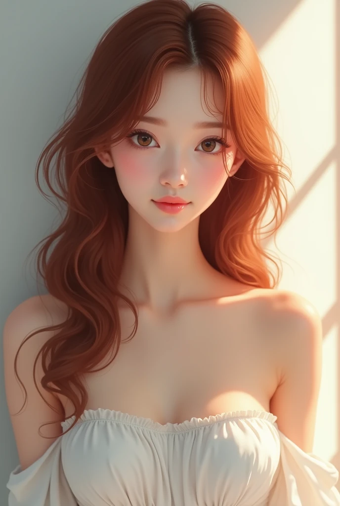 Asian girl with auburn hair wearing white tube top with fair skin