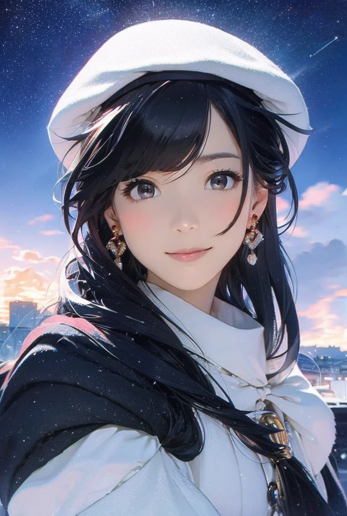 One person, High resolution, chest, Blushing, Shortcuts, bangs, Simple Background, 目の間のbangs, Earrings, Barrette, Background blur, beret, Anatomically correct, Gaze, smile, Black Hair, Open your mouth a little, Minimalist, Highest quality, Character portrait, Soft Light, Gentle colors, Illustration of movement, ハート型のEarrings, Bangs, Top-down composition,City night view,