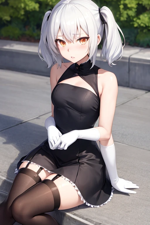 {(masterpiece,best quality, 4K portrait, 8K anime art,extremely detailed CG, detailed beautiful face and eyes and skin and hair)},(from below),{erotic face,looking away,enchanting smile}, BREAK,{solo, (2B of Nier Automa:1.4), (skinny body,thin thighs:1.2,small breasts),(lightbrown_lightwhite colored hair:1.4, short cut hair,hide left eye with bangs:1.2), (small mouth:1.2),(narrow and sharp eyes:1.4,blue-glay eyes,sparkling eyes:1.1)},{(2B clothes:1.4),(black hairband:1.4),(black stockings:1.4),(black over-the-knee boots:1)},BREAK,{(Sit on a metal bar stool with a high seat:1.4),(plain background:1.4),(cast a shadow on the background:1.4)}