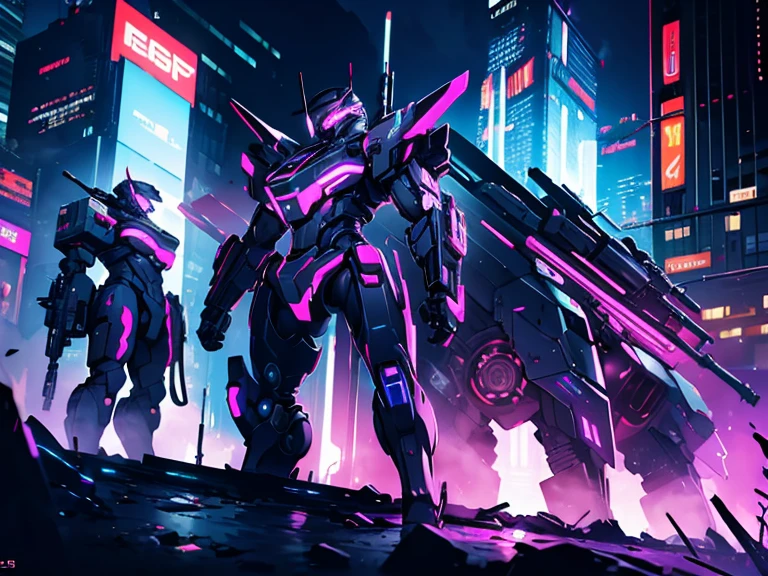 Very detailed,High resolution,4K,8k,masterpiece,High resolution,Late Night,Cyberpunk cityscape,Vibrant neon glow,A unit of mechanized soldiers marches forward with heavy weapons.