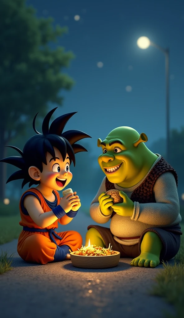 Son Goku and Shrek sit by the roadside, savoring a simple meal with heartfelt warmth. Goku, with his boundless enthusiasm, takes joyful bites, while Shrek, with a friendly smile and a look of contentment, relishes each bite with gratitude. The surroundings are calm and intimate, with the night sky as a backdrop to this warm encounter. In their meal, the strong bond of friendship and the simple joy of the moment shine through, touching the heart.