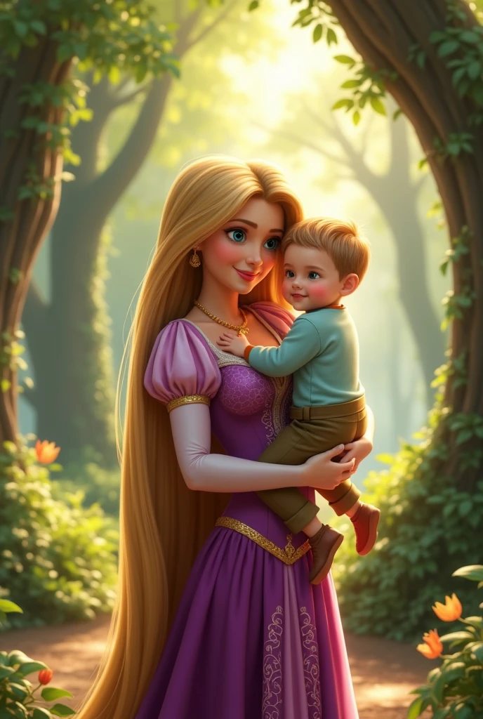 Disney Princess Rupanzle holding a toddler boy
