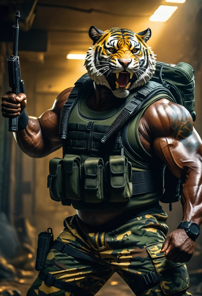 (a dark-skinned fat muscular old man in a bulky army camouflage zipper diver suit) thumbs up pose, carrying an AK-47, (wearing a small-sized realistic roaring tiger mask), dynamic action pose, fierce expression, roaring, showcasing an imposing stature, surrounded by military elements, dramatic shadows and intense highlights, cinematic color tones, high detail, powerful, art influenced by Bruce Onobrakpeya and Stanley Artgerm, ultra-detailed, best quality image, action-packed atmosphere.