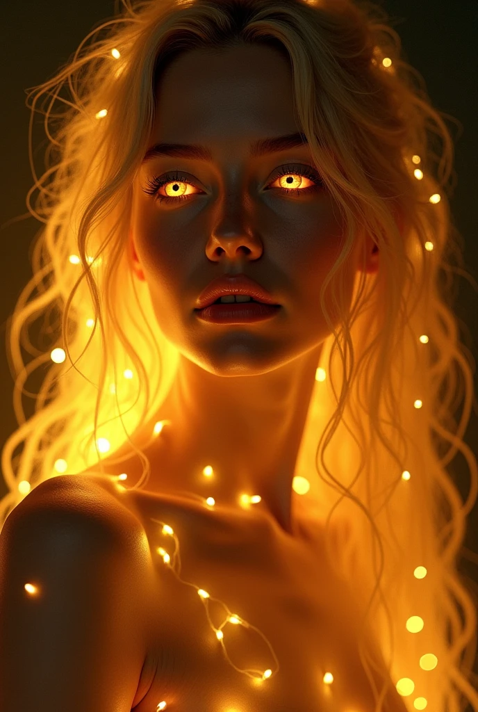 (Facing Viewer), Nude, half body, close up, glowing woman in gold, golden hair, ethereal light, dark background, intense light, surreal atmosphere, digital art, dramatic lighting, detailed textures, ultra-high resolution