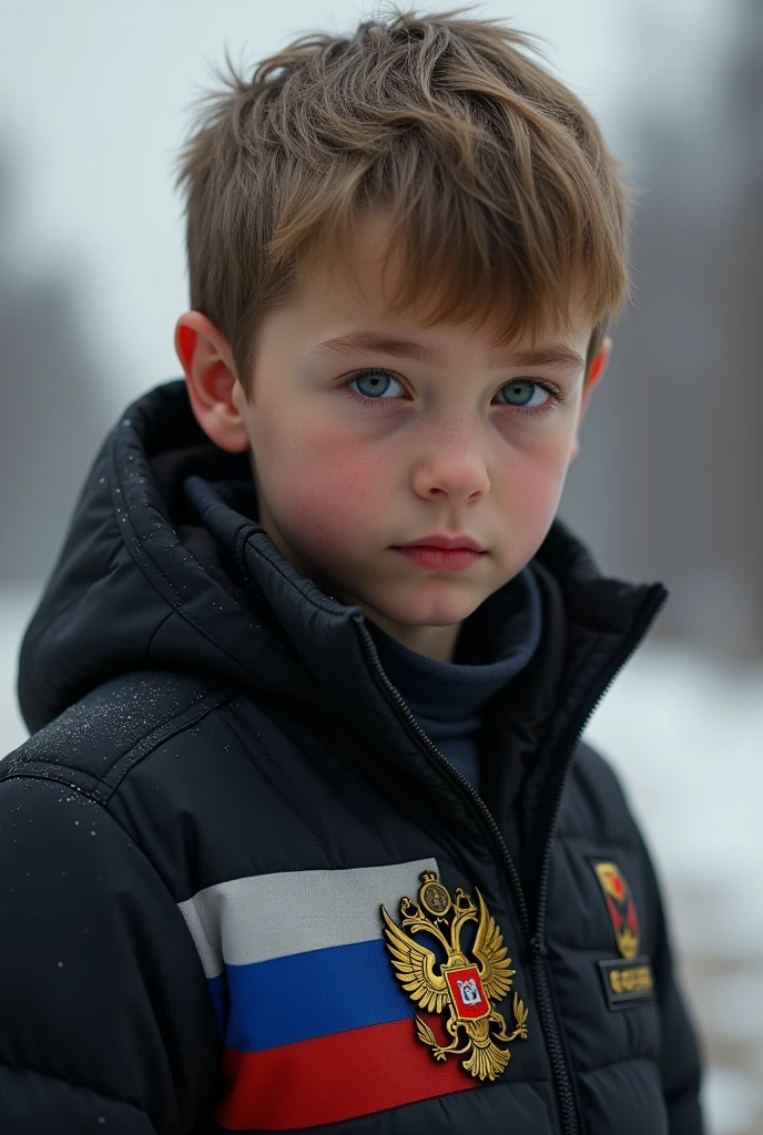 Take me a picture of a 1 boy with a black jacket on his chest, the Russian flag with its colors and the coat of arms