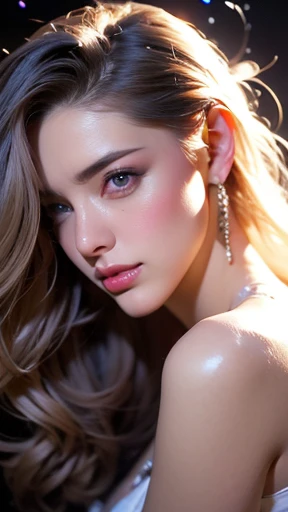 (extremely detailed CG unity 8k wallpaper, masterpiece, best quality, ultra-detailed, best shadow), (masterpiece:1.2, best quality), high res, very detail, ultra-high resolution, ultra-high quality, (realistic:1.2), 1 girl, detailed face, beautiful eyes, (finely detailed beautiful eyes: 1.2), (beautiful detailed face, beautiful detailed eyes), purple eyes, white hair, [[dynamic angle,]] cowboy shot of female model 1 girl, High contrast, (best illumination, an extremely delicate and beautiful), (detailed background), ((colorful paint splashes on transparent background)), beautiful detailed glow, lotus flower, glowing, in the night sky, full of stars, the camera shows 1 girl's body from her head to her thighs.