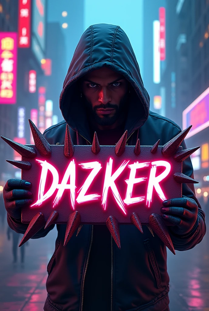 Hacker gamer wallpaper holding a spiked sign with the word DAZKER