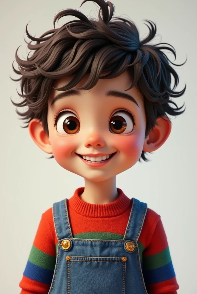 Create a realistic image of a smiling child with white skin and curly hair with less hair on the sides than on top. With a long face and small, round, dark brown eyes with medium-sized teeth in front and slightly set apart. Wearing a red, blue, and green striped sweater and jeans-colored overalls.