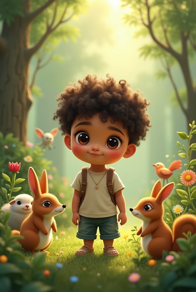 Bébé garçon de 2 ans sa peau est métisse avec les cheveux châtains foncés bouclés. Ses cheveux sont plus courts sur les côtés. Ses yeux sont marrons. Il est dans une forêt entouré de petits animaux.