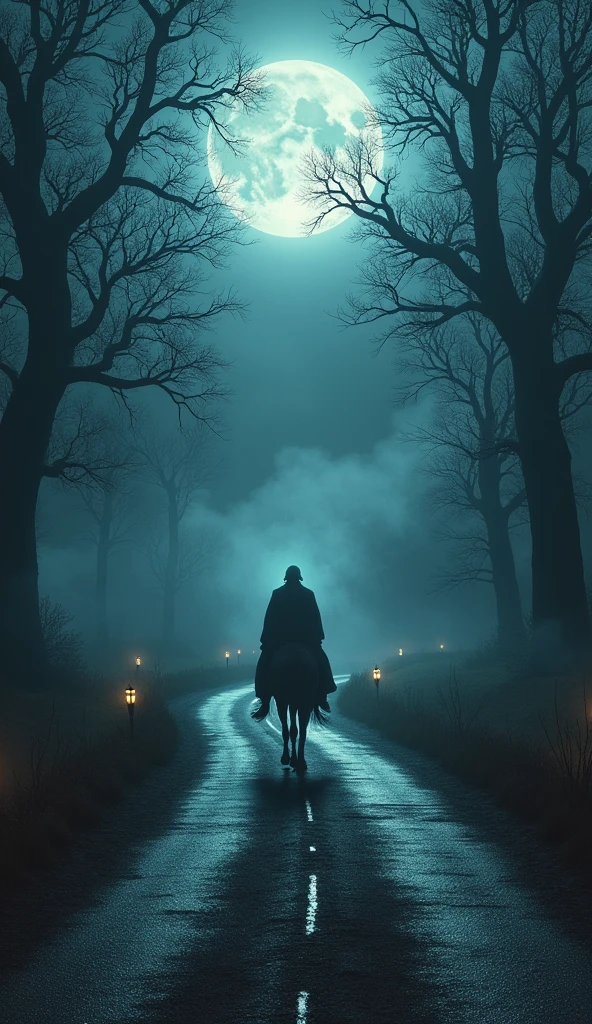 A wide view of the dark road with the spectral highwayman riding toward the viewer, the atmosphere filled with an eerie, foreboding presence