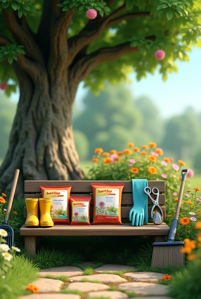 There are 3 packets of fertilizer and a pair of yellow garden rubber shoes and silver flower tree cutting scissors and a pair of blue rubber gloves on a wooden bench under a big tree, there is a broom and also a grass scraper leaning on the edge of the bench, 3D Style with the background of a flower garden