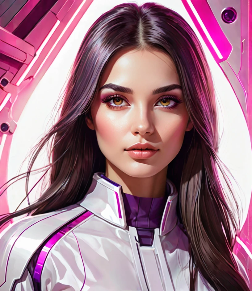 Illustration-style portrait of a beautiful woman, white, dark brown eyes. With straight hair of two colors, On the right side, violets and on the left side, pink. Warm look that inspires confidence. Internal medicine doctor in a futuristic science fiction world 
