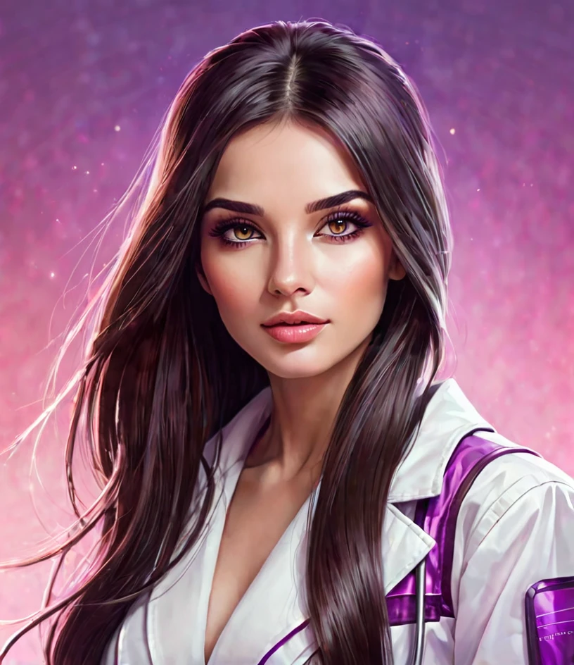 Illustration-style portrait of a beautiful woman, white, dark brown eyes. With straight hair of two colors, On the right side, violets and on the left side, pink. Warm look that inspires confidence. Internal medicine doctor in a futuristic science fiction world