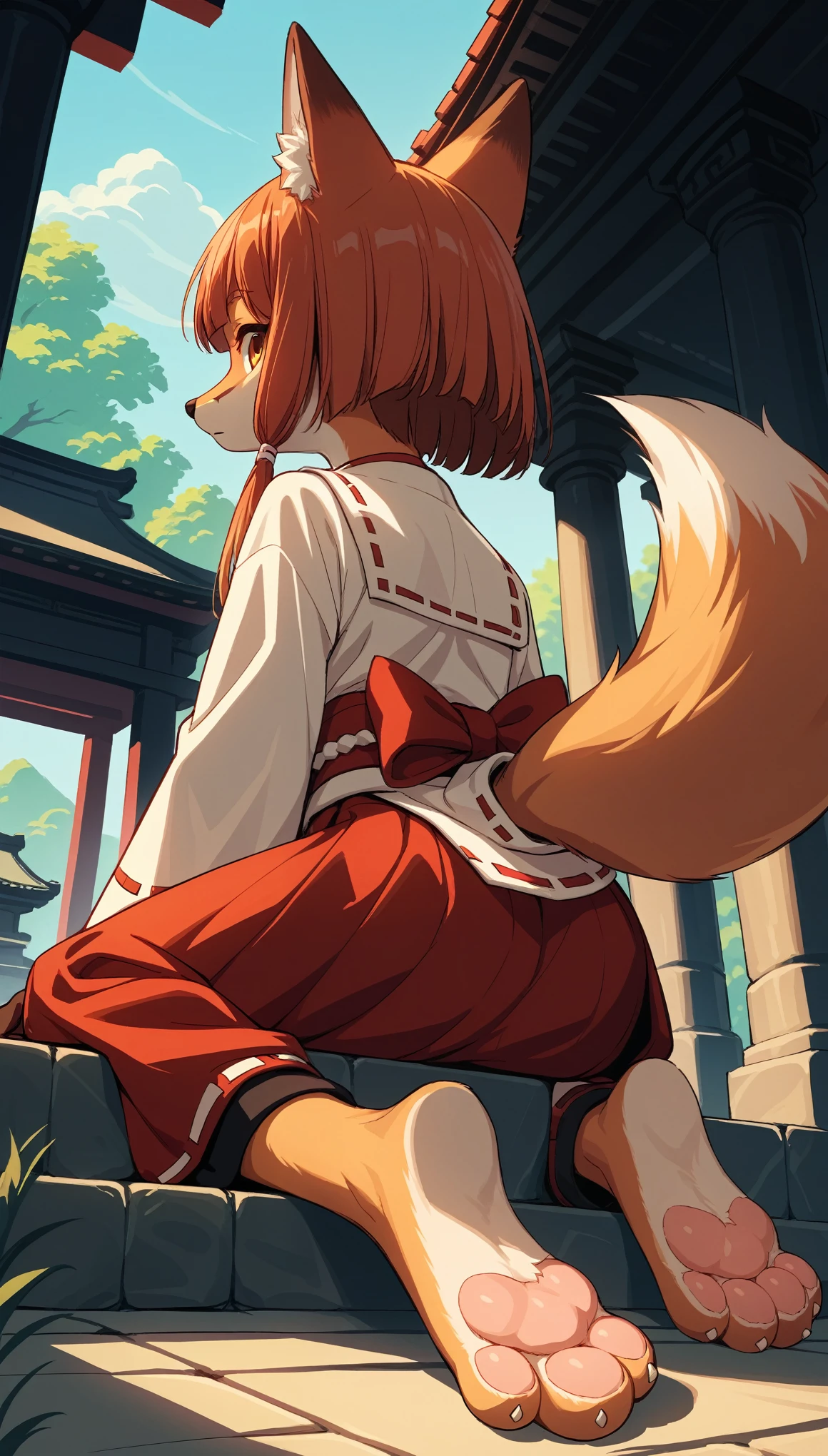 score_9, score_8_up, score_7_up, score_6_up, score_5_up, score_4_up, BREAK source_anime, rating_safe, [rating_explicit],
dagasi_style, furry, temple, fox girl, sitting, low view, from behind, dressed, clothed, Miko, soles at spectator, showing soles, grinning, paws, 3 toes, barefoot, paws