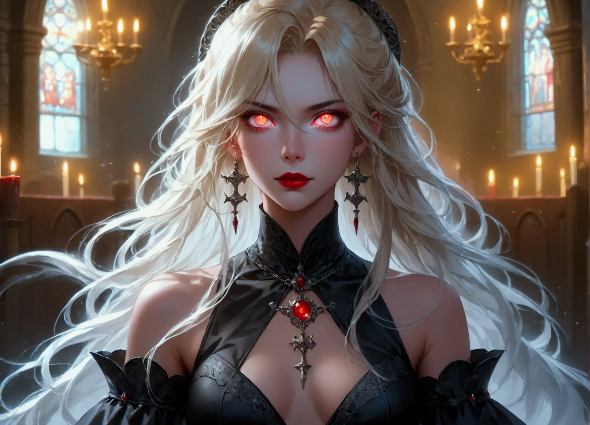 Arafed, dark fantasy art, glamour shot, award winning shot, photorealistic, a portrait of a female vampire drinking a ((glass of blood)), blond hair, dynamic hair style , long hair, red lips, (glowing eyes: 1.5), dynamic eye color, dynamic color, she wears, an elegant (black dress: 1.5), catholic church and altar background, bar background, 16k, ultra detailed, masterpiece, best quality, (extremely detailed), rpg portrait, art by mooncryptowow, photograph, FFROA