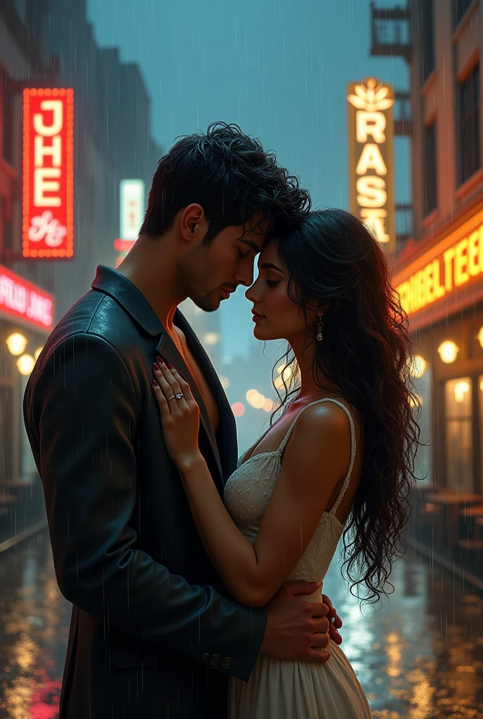 Handsome boy and pretty girl in rainy city night, they are in love
