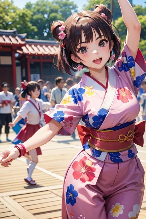 (Japan Bon Odori,最高masterpiece,Highest quality), Hot August,Bright vibrant anime art,People of all ages and genders dance and dance, Let's dance in yukata,Laughing and dancing, Showing white teeth,Men and women dance in a circle, masterpiece,Highest quality,High resolution,