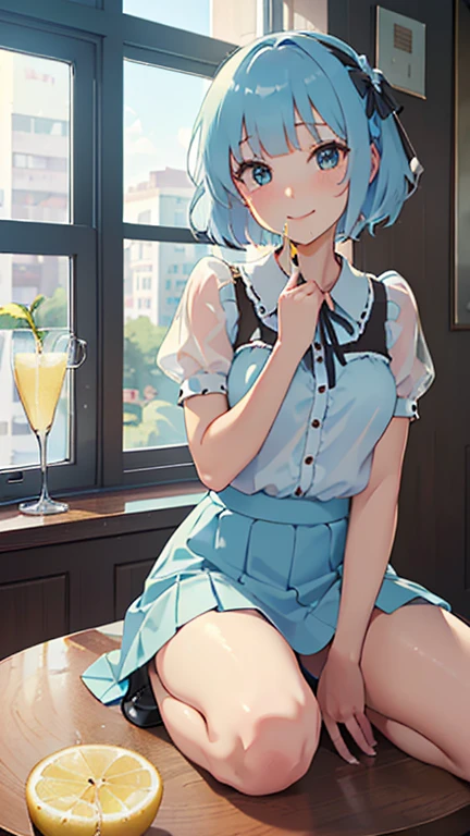 (from the front), Fisheye Lens, Beautiful , Curvy, Flat Chest, Small breasts，Underbust, (Kneeling on the round table), (On the table:1.5), (Leg spread), (Hot lemonade between my legs:1.3),Steam rising from hot lemonade， (Classic puffy short sleeve ruffled blouse), (Light blue mini skirt), (A see-through button-up shirt), (Neck ribbon)+ Thighs, High heels, (View your viewers:1.5), (Embarrassing:1.3), (Smile), (vapor:1.3), (Girl trembling with sexual climax:1.3), Mid-length hair, Light blue hair,Bobcut, Wavy Hair, Glowing Skin, (coffee shop), window, morning, (crowd:1.3), (masterpiece, Highest quality, High resolution:1.3), Perfect Anatomy