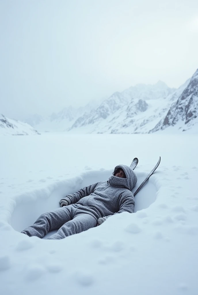 a Indian 30 years man laying in the snow with a snowboard and poles on his back in the mountains - snowy arctic environment, cold environment, snow camouflage, in the snow mountains, very clear picture, snow wasteland, he's dead, his face should not be visible, face should covered with complete snow