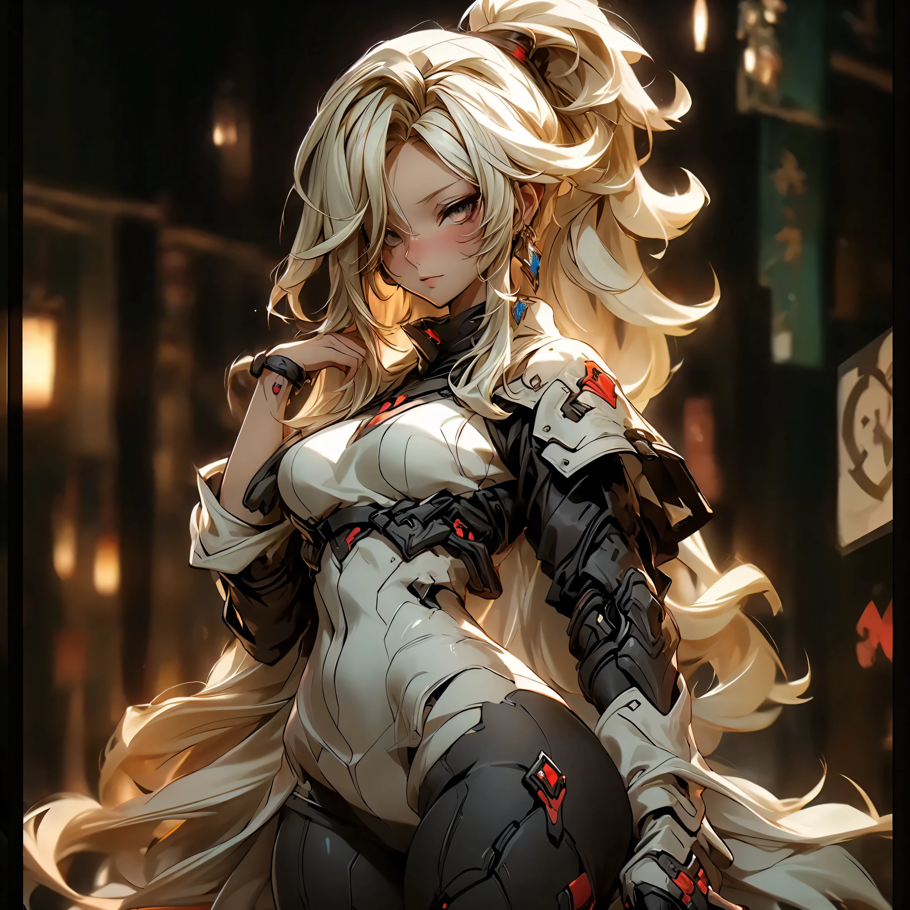 (best quality)), ((Masterpiece)), (details:1.4), 3d, HDR (high dynamic range), an image of a beautiful cyberpunk female, fantasy, Hips up, Blonde hair, High ponytail, Red eyes, จมูกโด่ง, ปากแดง, หน้าอกใหญ่, nvidia RTX, PBR surface, After processing, Anisotropic filtration,depth of field, Maximum clarity and clarity, multi-layered surface, Subsurface scattering, perfect proportions, 8K raw files, ultra detailed, Perfect proportions, volumetric lighting, soft lighting, Holy Paladin, Heavy black Armor, glossy skin, chapel background, jewely, ต่างหู, นิ้วมือสมบูรณ์,