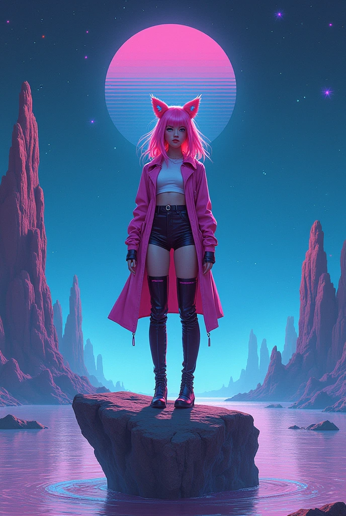 a woman with pink hair and blue skunk stripes, a coat, shorts, and over the knee boots is standing on a rock in the water of a planet with stars and a sky background, retrofuturism, space art, a hologram, concept art, official art, Eizan Kikukawa, Epsylon Point