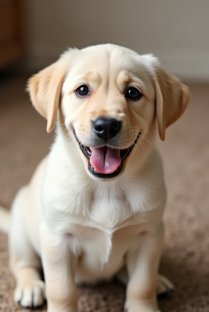 Image of a Labrador puppy with big eyes and a happy face 