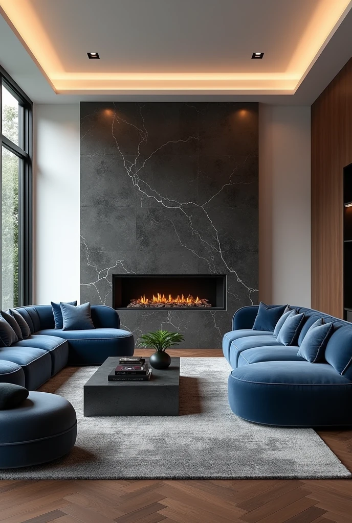 Professional 3d architecture rendering design of modern  living room with  so dark  gray   and dark beige and  so dark vintage blue floranca velvet sofa  set and medium  flouting  dark gray marble fireplace and brown laminate and elegant and modern accessories and modern windows and black slab stone middle table and elegant ceiling lighting and elegant accessories and elegant  dark gray Persian carpet and modern ceiling lighting and white wall 
