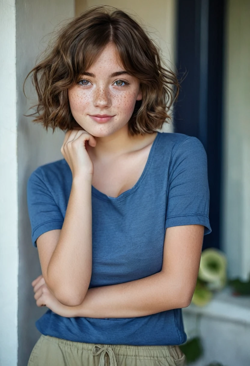 Cute Teenager  young girl, Brown hair, adorable attractive, innocent and friendly. Adorable little freckles on her cheeks. Short hair, lots of hair, short wavy hair. A color dark blue short-sleeved shirt with pants color khaki. Slightly  playful, flirtatious and calm facial expression. Slightly noticeable breasts  ((big breasts)) ((realistic photo)) ((Nice house)) ((Looking at the viewer)) 