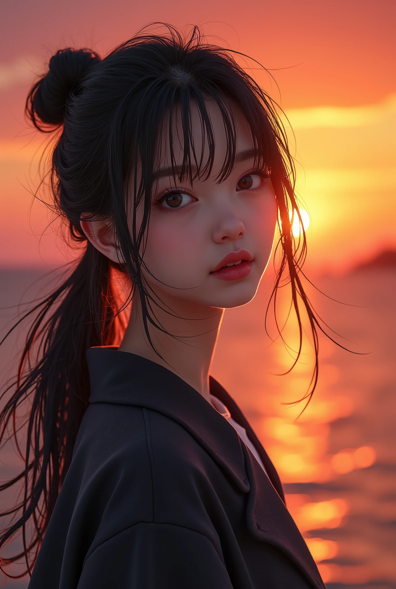 (Best Quality, masutepiece), 1girl in, Looking down, Wind, Particle, Simple background, dark mood, Upper body,