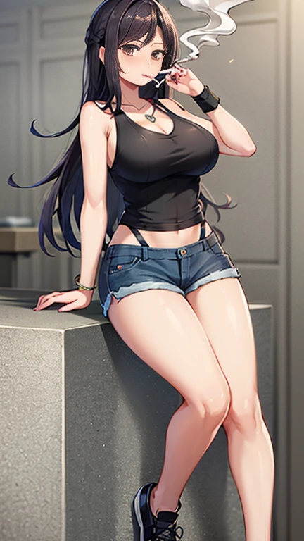 Highest quality,high resolution,２d,(Cel animation style),One woman,30 year old Asian female,(Straight long black hair),((Black tank top)),((Denim shorts)),((1 holding a pistol in each hand.3)),(Skull Necklace),Black sneakers,(Beautiful face with slits 1.3)，Black wristband on left wrist,Beautiful Style,Glamorous Body,(Large Breasts),(((Holding a cigarette)))