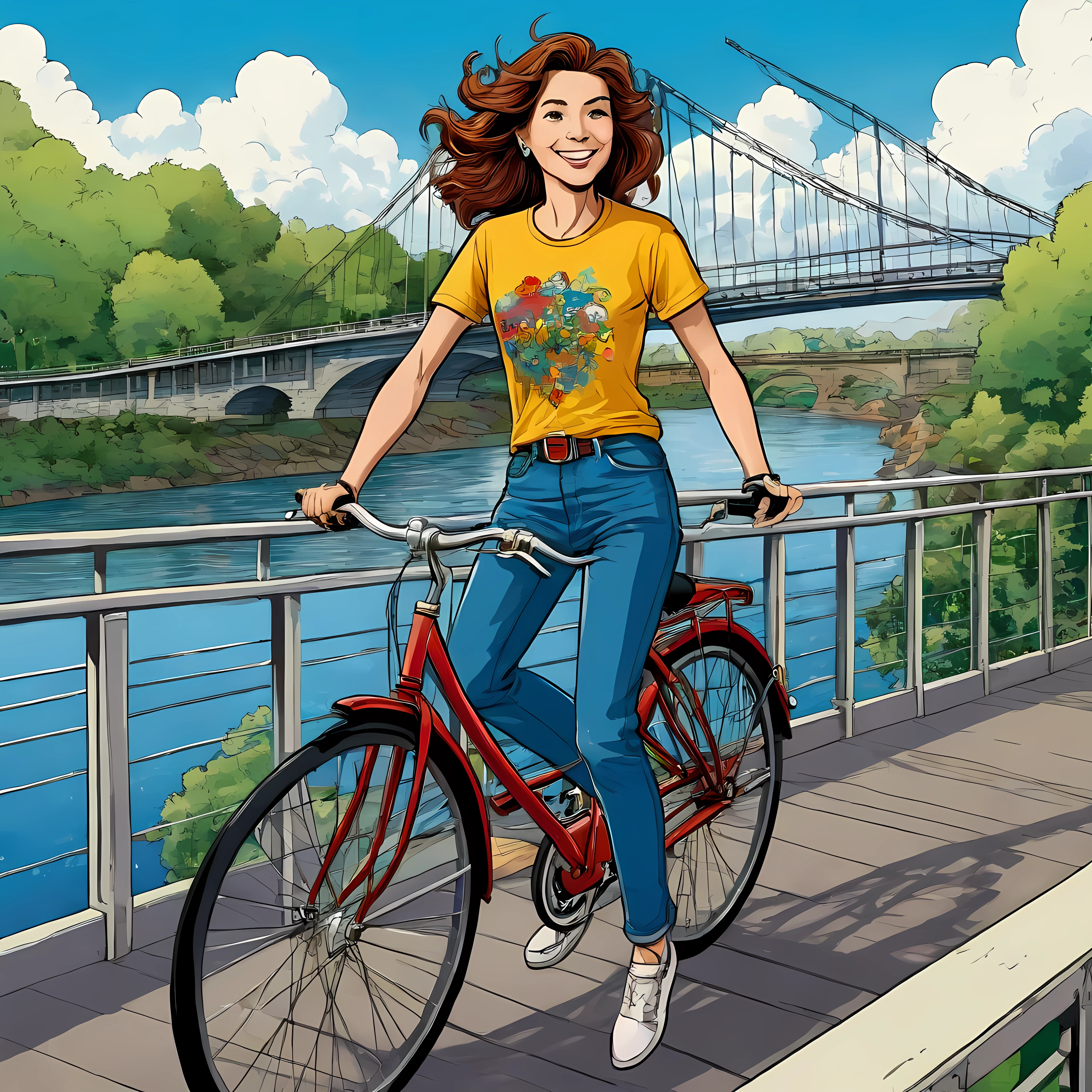 A woman wearing colourful t-shirt and long jeans riding a bicycle on a bridge, happy, cartoon art, amazing artwork