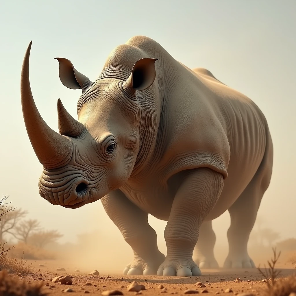 Powerful massive rhino standing triumphantly on a dusty African savanna, with mouth open
