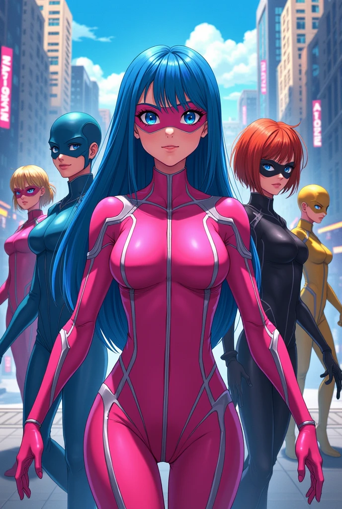 Anime team of masked superheroes, each with their own color, including a girl with blue hair and eyes, wearing a pink suit and eye mask.