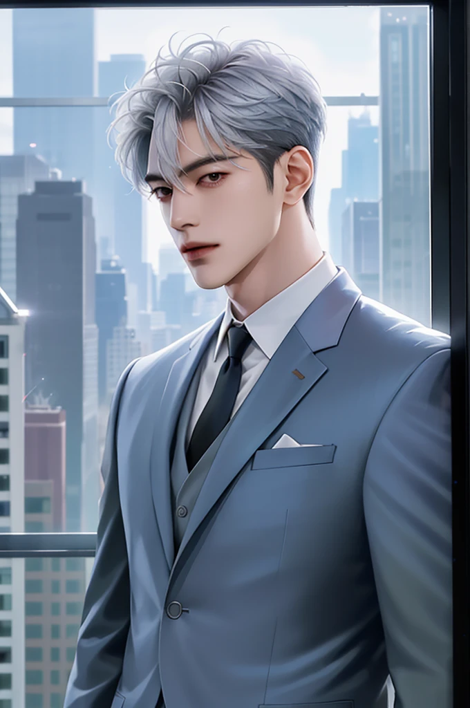 Man, good looking, Korean bad boy, super detail, super detail information, film lighting, single, standing, studio, front view viewer, comic style, suit and tie, silver hair, messy bangs, pictogram hair, model, pose, side view