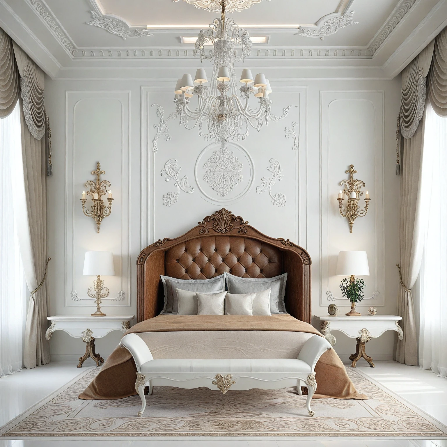 RAW photo, masterpiece, a view of a ( Bed ROOM :1.3) with a couch, chairs, and a chandelier, highly detailed interior, neo - classical style, neoclassical style, neoclassicism style, interior architect architectural visualization, neoclassical style, in style of classicism, white light sun, rendered in vray, rendered in v-ray, rendered in unreal engine 3d, (photorealistic:1.2), (photorealistic:1.5), best quality, ultra high res, architechture, (leather sofa detail:1.5), neoclassic house, (detailed railing neoclassic:1.5), luxury neoclassical villa, (mable floor details:1.5), (detailed neoclassical carpet:1.5), in the style of neoclassical scene, glass windows, best quality, (Intricate lines:1.5), ((Photorealism:1.5)),(((hyper detail:1.5))), archdaily, award winning design, (dynamic light:1.3), (day light:1.2), (perfect light:1.3), (shimering light :1.4), refection glass windows, (curved line architecture arch:1.2), photorealistic, FKAA, TXAA, RTX, SSAO, Post Processing, Post-Production, CGI, VFX, SFX, Full color,((Unreal Engine 5)), Canon EOS R5 Camera + Lens RF 45MP full-frame CMOS sensor, HDR, Realistic, Cinematic intricate detail, extreme detail, science, hyper-detail, FKAA, super detail, super realistic, crazy detail, intricate detail, nice color grading, reflected light on glass, eye-catching wall lights, unreal engine 5, octane render, cinematic, trending on artstation, High-fidelity, Viwvid, Crisp, Sharp, Bright, Stunning, ((Lifelike)), Natural, ((Eye-catching)), Illuminating, Flawless, High-quality,Sharp edge rendering, medium soft lighting, photographic render, detailed archviz, ((( BRIGHT WHITE  Tone : 5 ))), (( LIGHT NATURAL reddish-brown doussie wood ))
