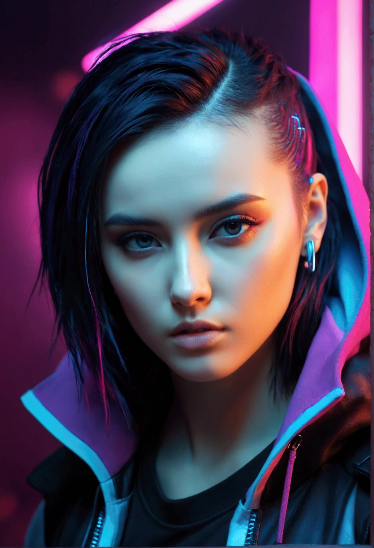 Wearing cyberpunk complex streetwear, beautiful, girl, detailed portrait, 4 K, bright colors, concept art, cinematic dramatic atmosphere, sharp focus, volumetric lighting, cinematic lighting, studio quality
