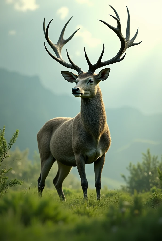 a deer with antlers, beautiful detailed deer, a field with green grass, 3D model, high angle camera view, side view, cloudy sky, (best quality,4k,8k,highres,masterpiece:1.2),ultra-detailed,(realistic,photorealistic,photo-realistic:1.37),intricate details,cinematic lighting,dramatic shadows,vibrant colors,volumetric fog,lush vegetation,natural environment