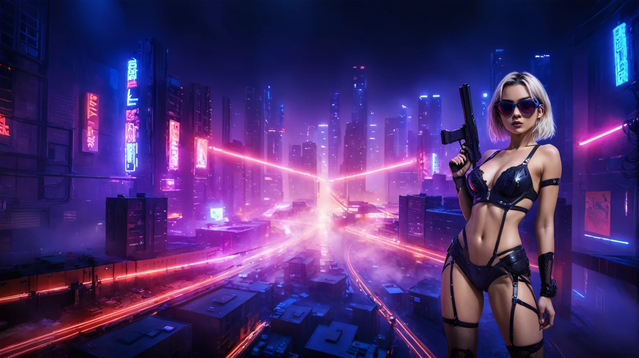 (High view). There's a cyborg woman (8k) wearing a futuristic leotard (best quality) standing in a cyberpunk city alley at night, darksynth aesthetic, red neons, haze, 1drone, foggy night, ultra detailed, photorealistic. At night, (1girl, solo, alone), photorealistic, medium-breast slim:0.6 body, oval:0.5 face, cleavage:1.1, sexy black laced bra, miniskirt, white laced panty, coat, (black micro sunglasses), (holding a short gun), (slightly leaning forward running pose), ((half-body thigh level medium shot)), cinematic lighting, ray tracing, motion blurred background.