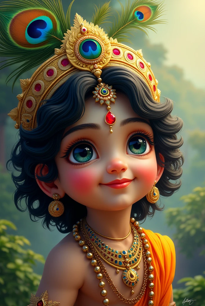 Indian god, krishna, peacock hair on head, cute smile
