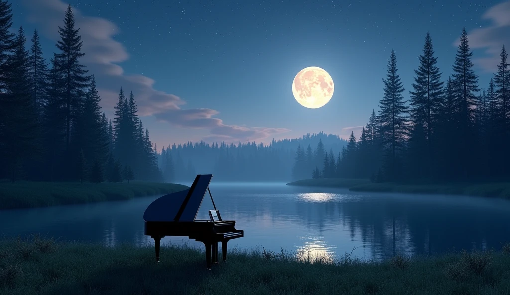With a serene lake in the foreground, surrounded by tall evergreen trees, it creates a peaceful nightscape. The sky is filled with stars and a full moon casts a soft light on the landscape. The sky's color shifts from deep blue to soft purples and pinks near the horizon, and reflections of the sky and trees clearly appear on the surface of the water, adding to the serene scene. A sophisticated black grand piano is placed on the lawn by the lake, overlooking the water, adding an elegant and mysterious touch to the tranquil setting. The grand piano is illuminated by moonlight.


Translated with DeepL.com (free version)
