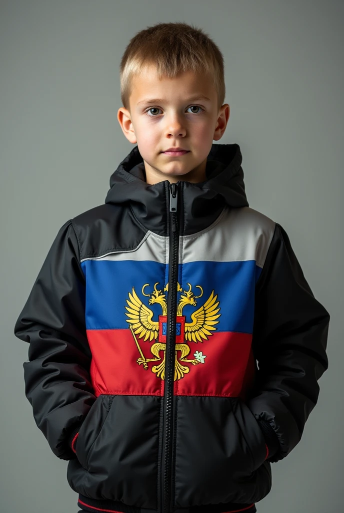 Take me a photo of a 1 boy with a black jacket on his chest with the Russian flag with its colors and coat of arms